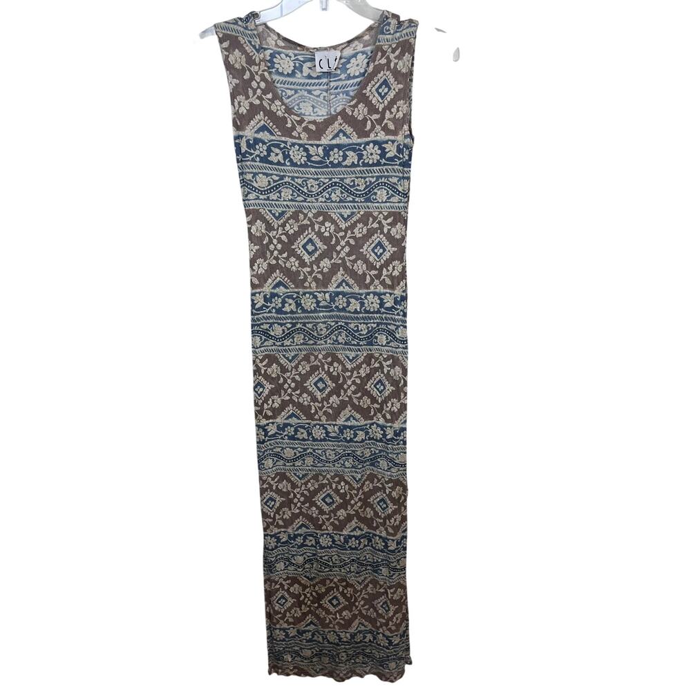 Cle Paris Vintage 90s Brown Blue Floral Sheer Stretch Dress XS